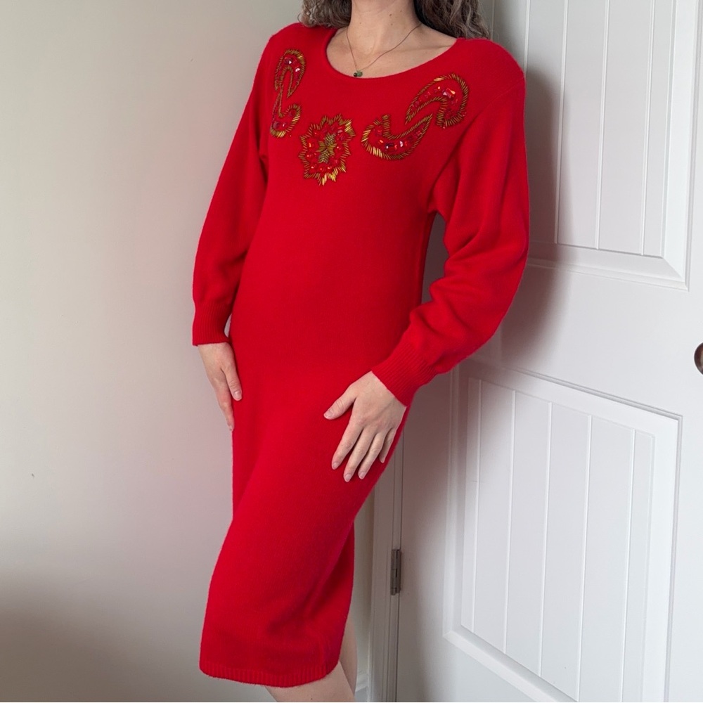Vintage 1980s Embellished Red Knit Long Sleeve Dress